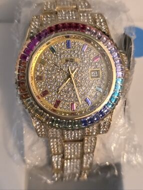 BiBi Gold Tone Rainbow Crystal Pave Women's Watch